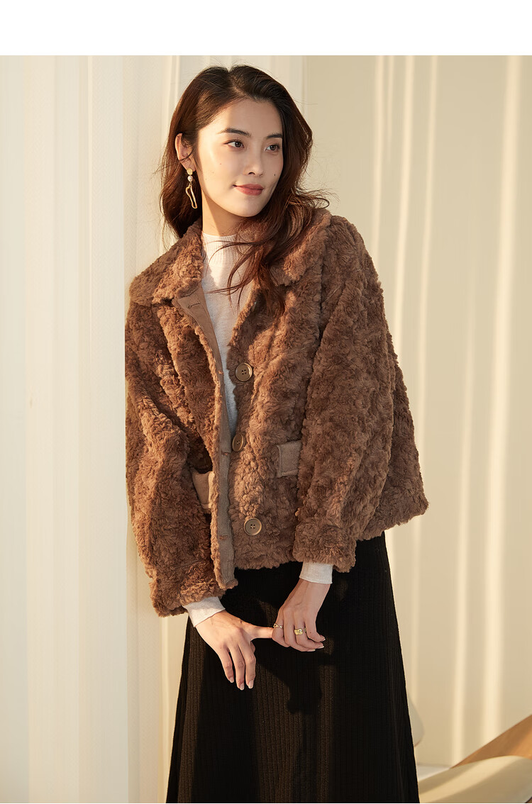 一体羊羔毛外套女冬紫淑2021年新款韩版宽松短款小个子羊剪绒咖啡色s