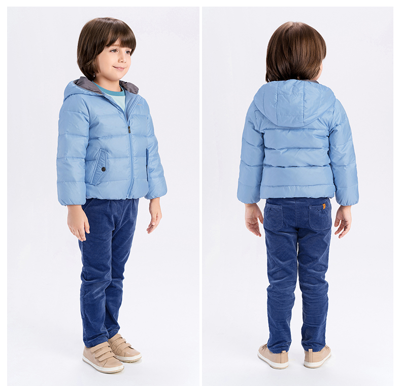 英氏婴儿衣服儿童轻薄羽绒服男女宝宝秋冬带帽拉链保暖外套蓝色