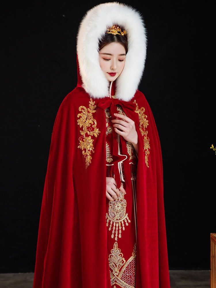 新品秀禾服披肩秀禾服披风红色2021新款新娘中式婚礼毛