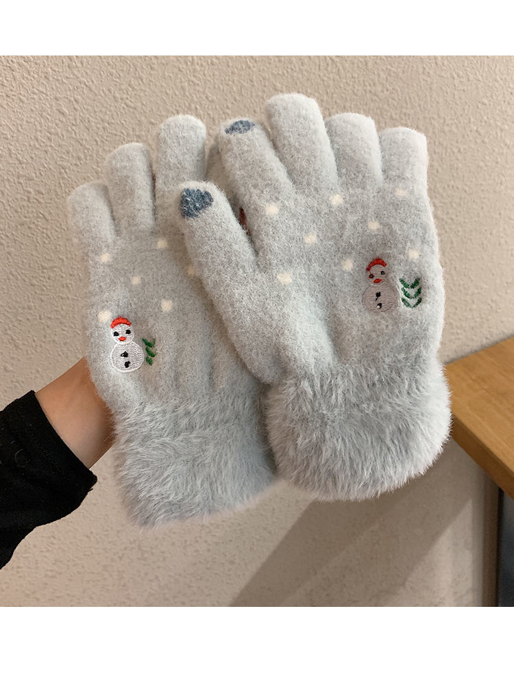 圣诞手套女可爱圣诞冬季保暖毛线针织加厚防寒骑车学生骑行手套潮白色