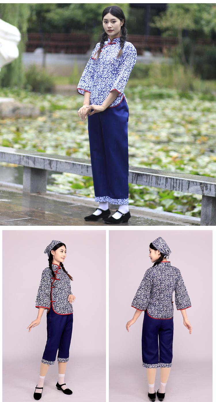 采茶服采茶戏服装阿庆嫂衣服村姑碎花采茶女表演百姓客家丫鬟茶园艺