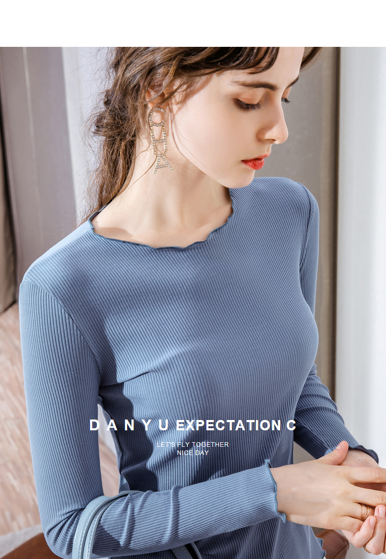 莫代尔女体恤打底衫女秋冬新款内搭长袖圆领木耳边雾霾蓝t恤雾霾蓝m