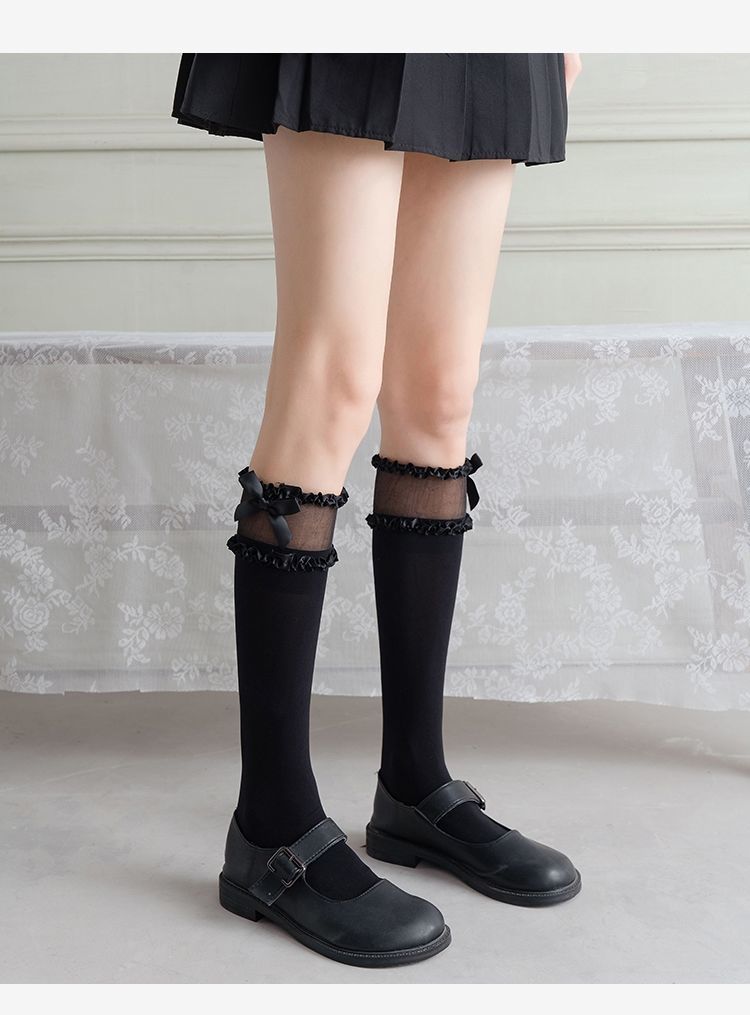 日系蕾丝花边中筒袜甜美纯欲蝴蝶结jk小腿袜夏秋lolita蕾丝蝴蝶结白色