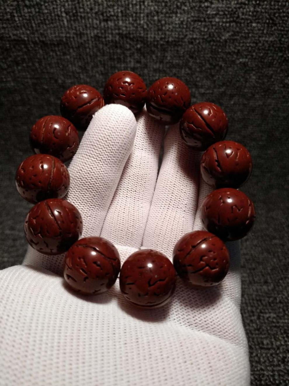 桃核光珠手串野生脑纹桃核密纹纯手工正圆光珠手持文玩手串17mm素串