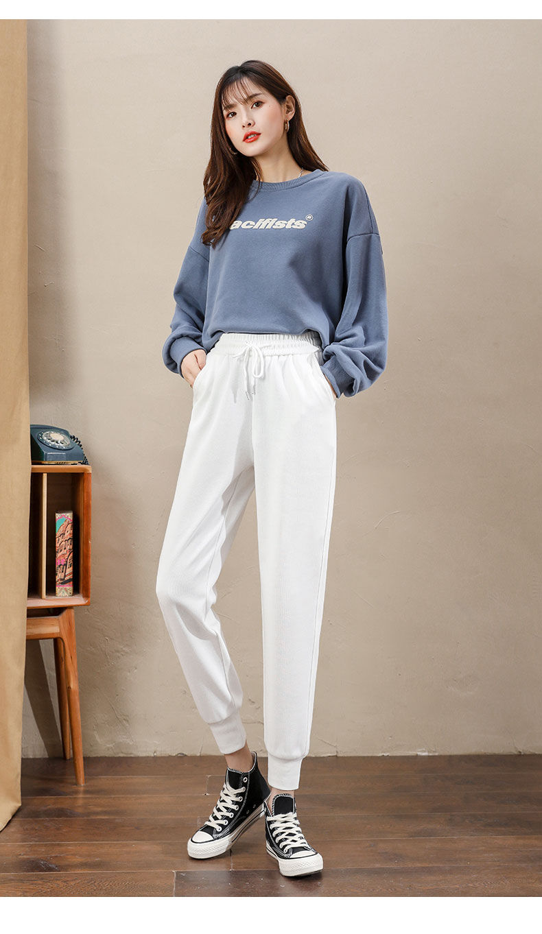 运动卫裤女冬季新款秋冬运动裤女宽松百搭白色休闲裤显瘦束脚哈伦裤