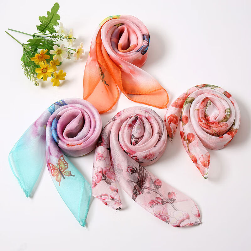 雪纺丝巾女春秋季百搭雪纺印花护颈小方巾夏天轻薄装饰小领巾围巾p1