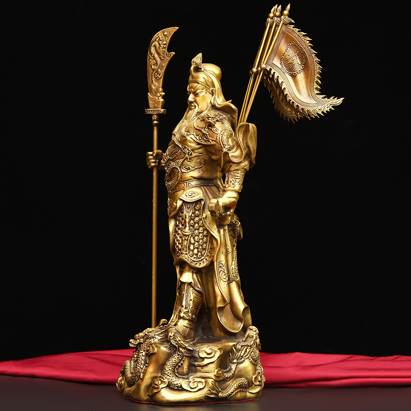启珀 纯铜武财神背插五旗九龙关公摆件家居办公室供养装饰乔迁开业