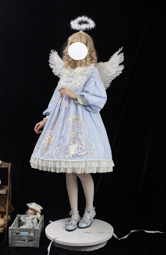 镂空蕾丝连衣裙收腰显瘦气质春季lolita天使柄蝴蝶结木耳边长袖 浅