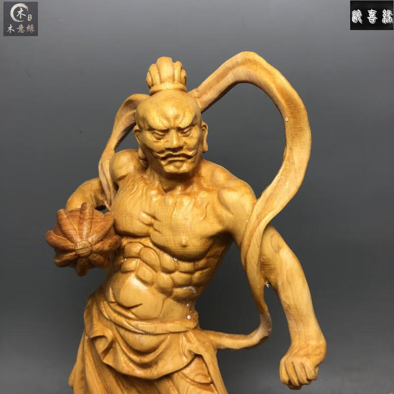 崖柏黄杨木雕哼哈二将寺庙门神神像家用供奉装饰左右护法人物摆件