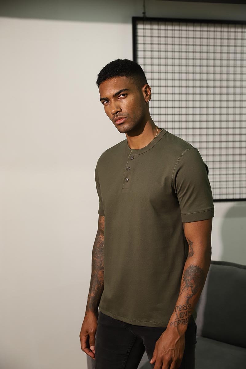 亨利衫男硬汉短袖t恤休闲纯色透气百搭水洗t恤欧美风夏季亨利领上衣