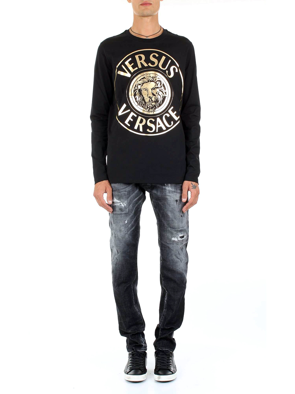 versace 范思哲男装 范瑟丝男士棉质金色印花长袖t恤衫 bu90576b bj