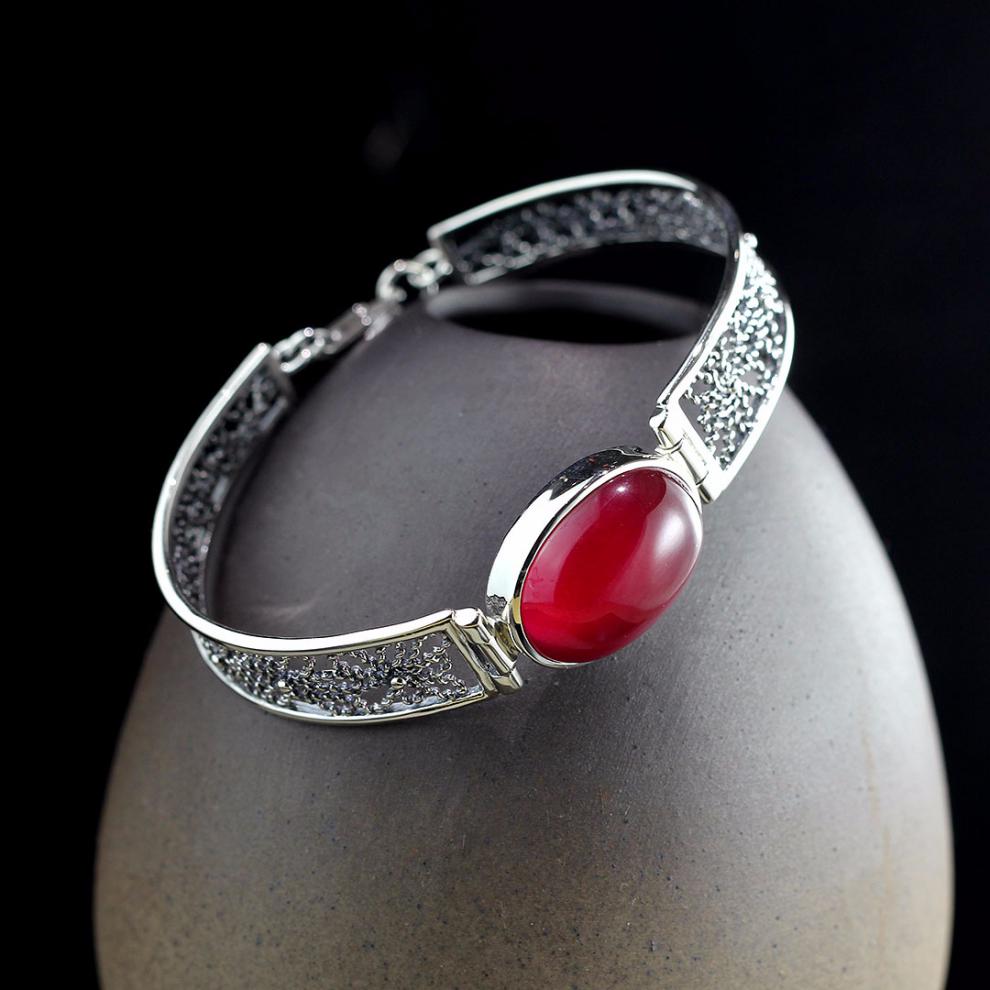 祥美瑞 s925银饰品泰银创意设计手工镂空女士红刚玉手镯 红刚玉手镯