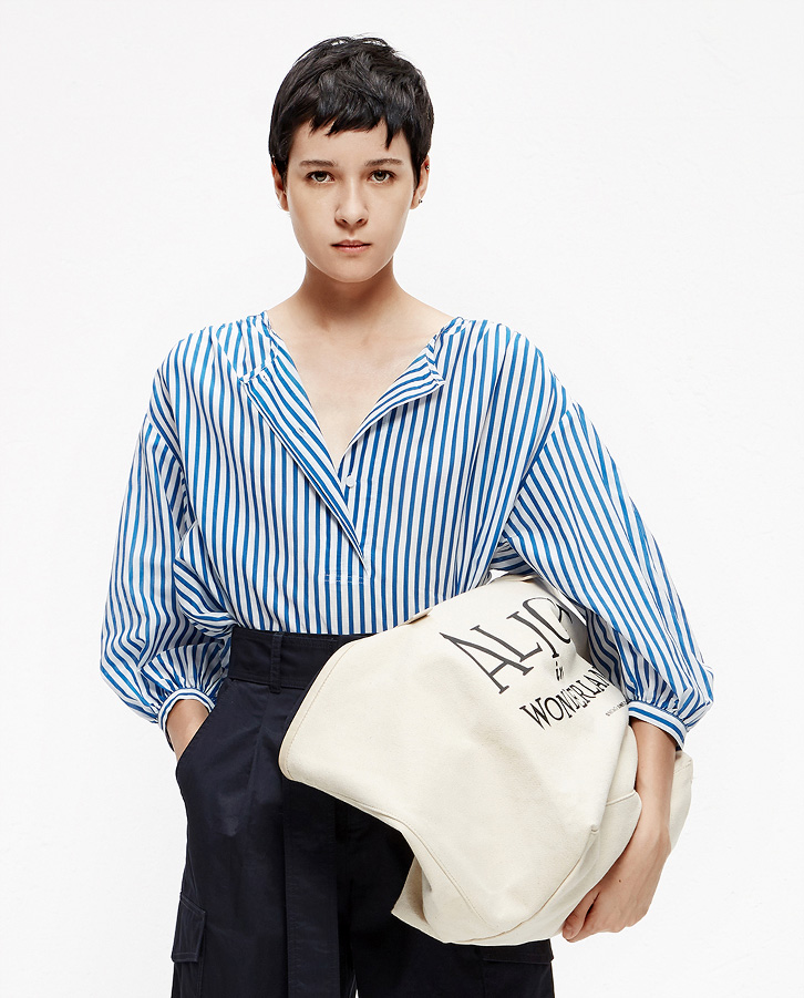 moco夏季新品半开襟衬衫蓝白条纹上衣mai2top002 摩安珂 蓝白条色 s