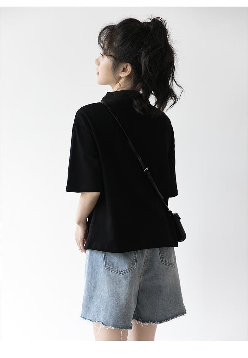 2121夏季新款短款翻领t恤女宽松韩版纯色短袖polo衫学生上衣bf潮 黑色