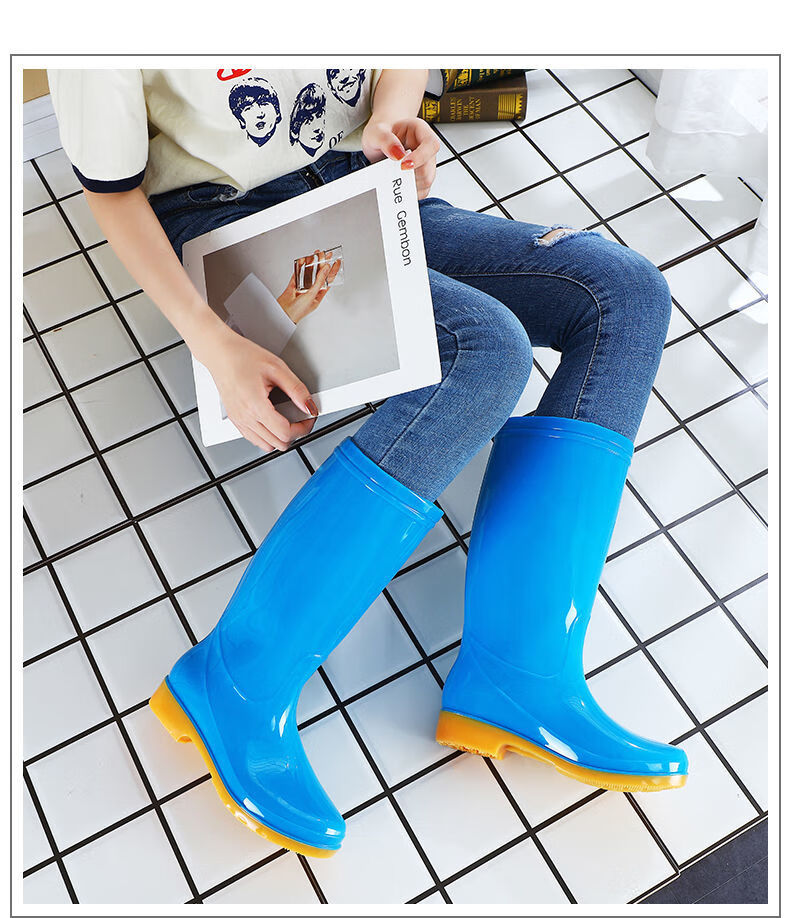 高筒防滑加绒棉雨鞋雨靴防水鞋桶胶鞋套鞋水靴女成人厨房保暖季蓝色中