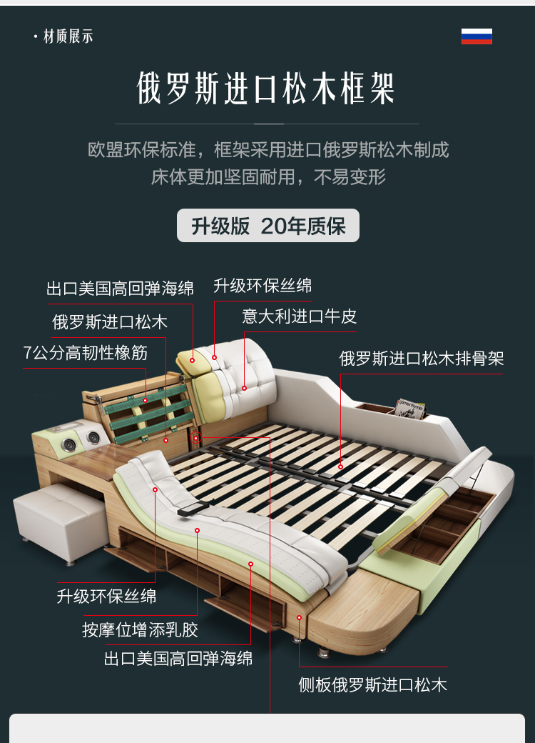 班都轻奢品牌现代简约榻榻米皮床框架结构多功能按摩储物带音响双人