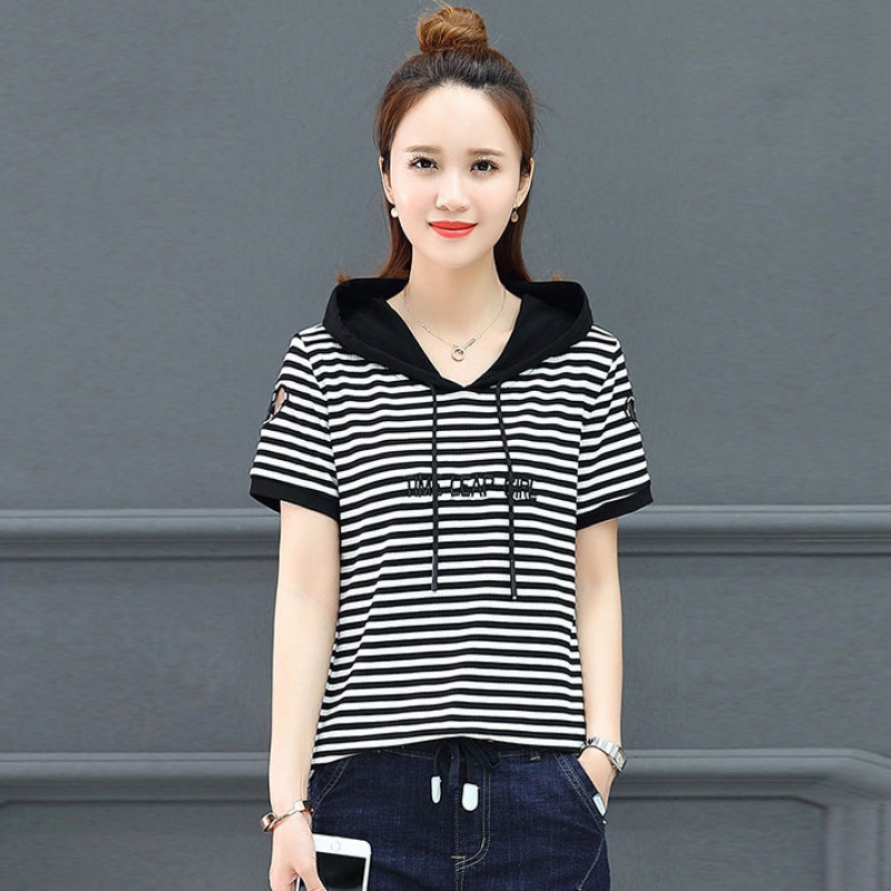 半袖女装半截袖女 95棉短袖t恤女新款夏季大码连帽上衣刺绣条纹宽松