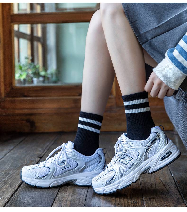 运动秋冬秋冬季长筒袜女保暖细条纹女中款组合一黑色白色焦糖深灰姜