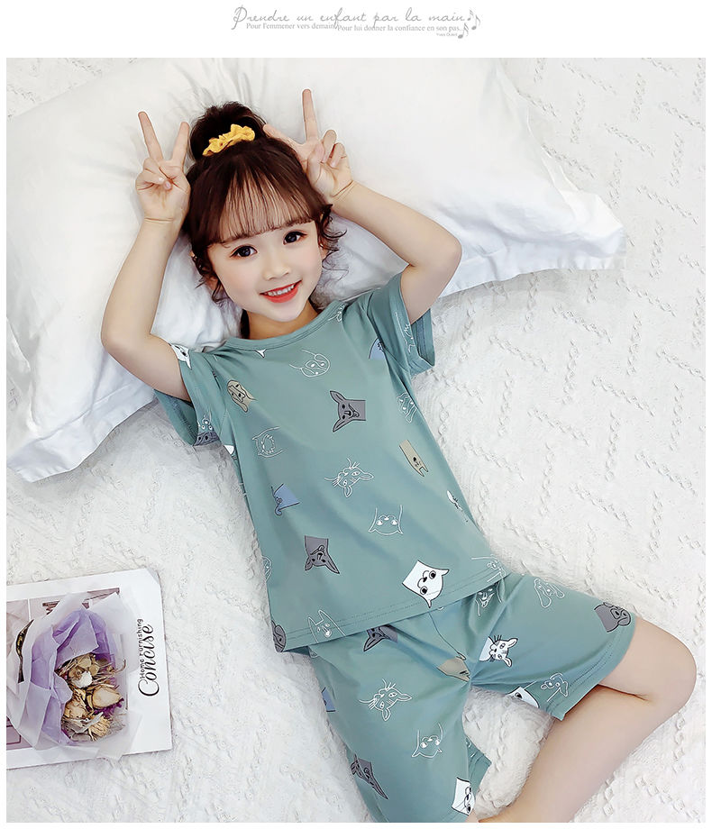 儿童睡衣女夏季薄款短袖女童家居服套装宝宝睡衣服纯棉两件套粉色卡通