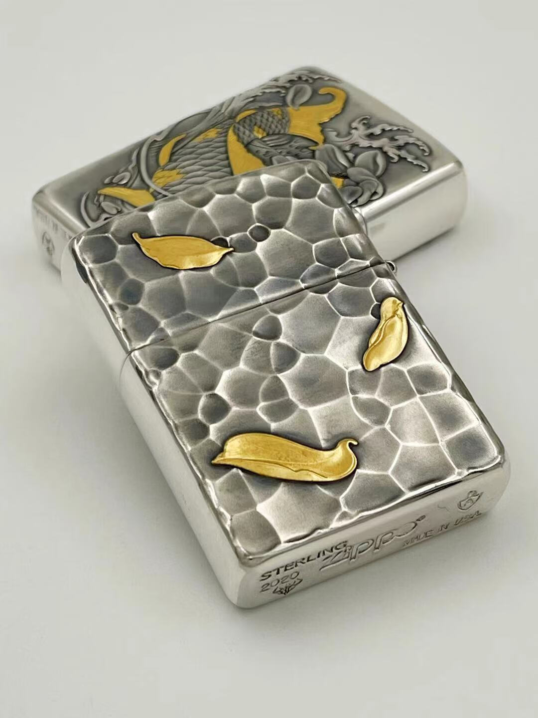 zippo原装煤油打火机 纯银限量盔甲3d雕刻24k真金六牙神象 四面唐草风