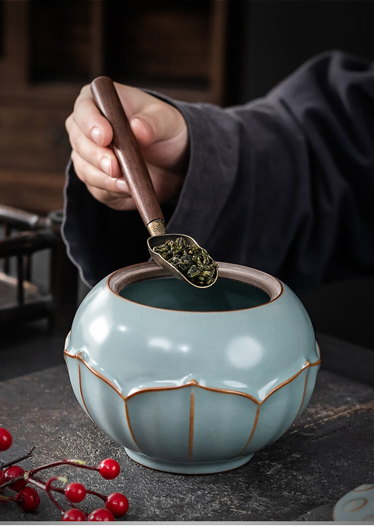 陶瓷罐邱卫国汝窑莲心茶叶罐汝瓷开片冰裂纹密封罐陶瓷储茶罐茶仓 豆