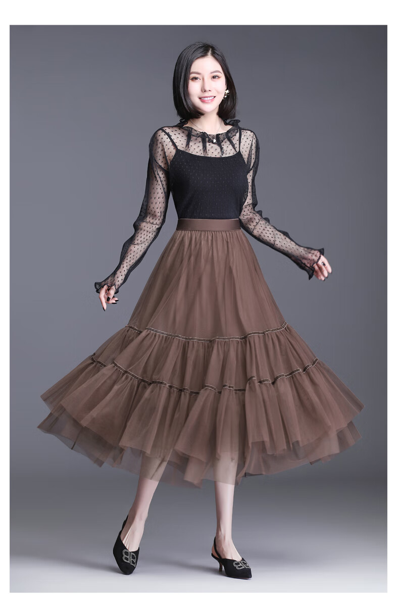 网纱半身裙百褶裙女秋季中长款纱裙子沙裙垂感半身