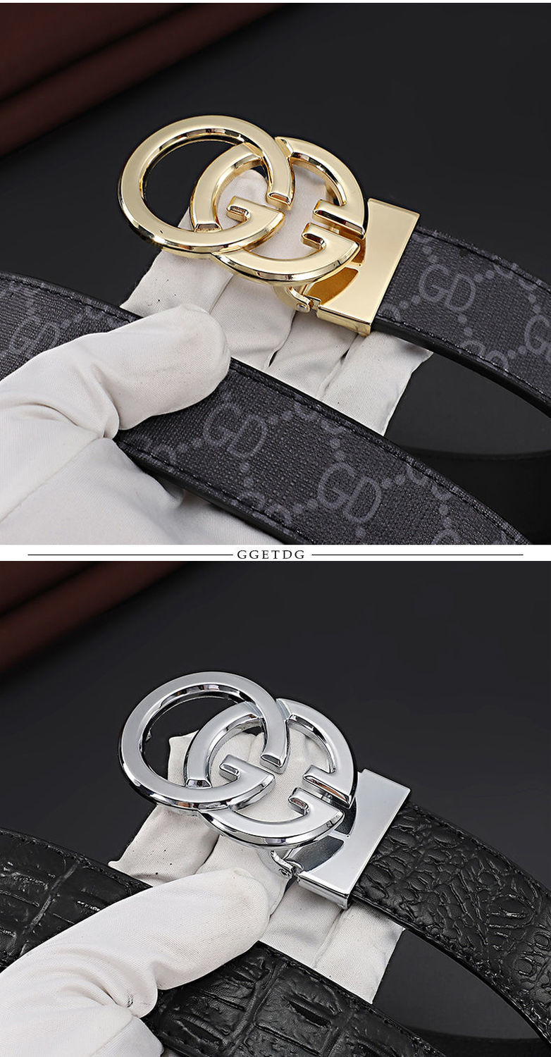双g皮带男女士真牛皮平滑扣休闲时尚精神小伙酷奇裤腰带韩 g卡其黑扣