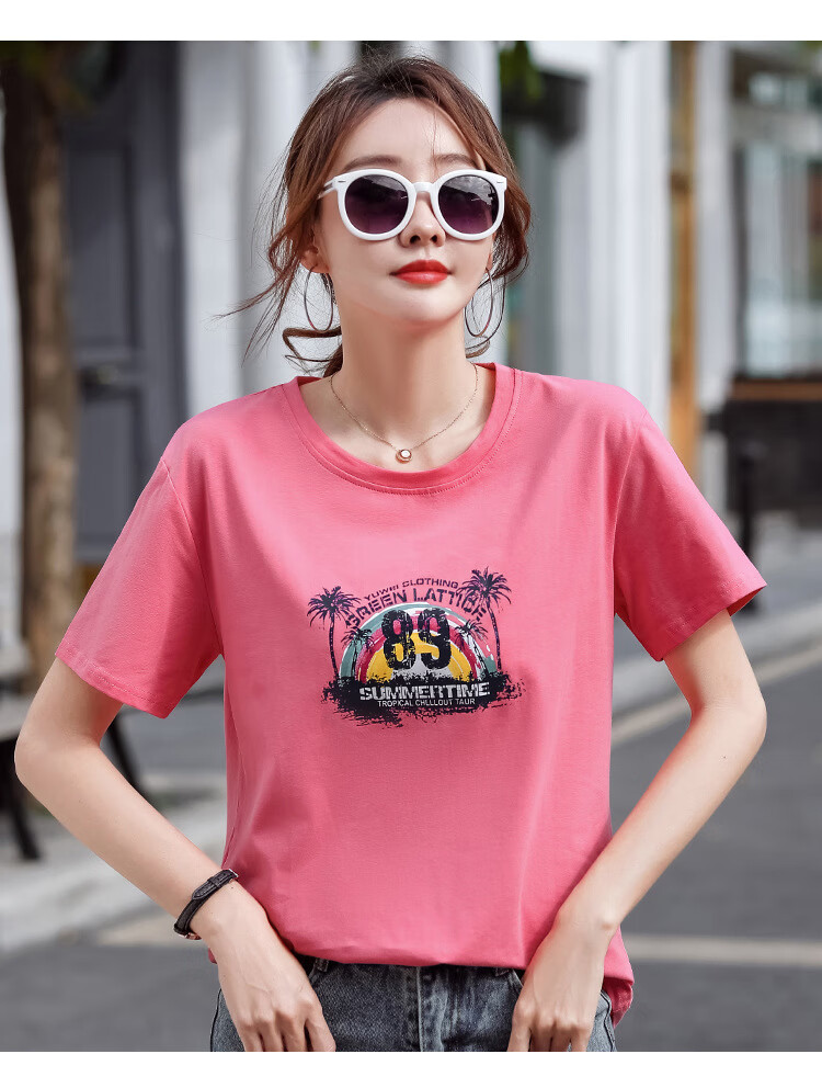 短袖女2021年新款纯棉圆领宽松t恤韩版印花bf风体恤半袖上衣 玫红色