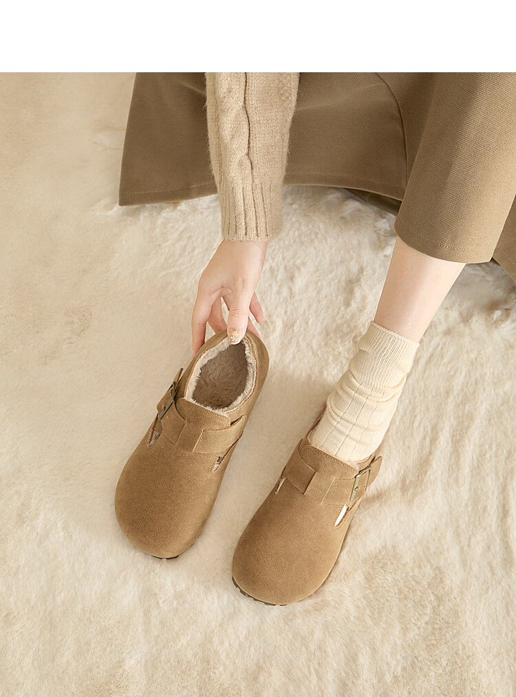 Westlink All-Wool Birkenstock-Style Women's Fleece-Lined Shoes, New Winter 2024 Soft-Soled Cotton Shoes, Warm Slip-On Fluffy Shoes, Brown, Size 37 18
