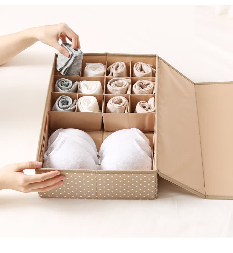 内衣收纳盒 天纵24格内衣收纳盒有盖布艺内裤袜子收纳盒抽屉式分隔