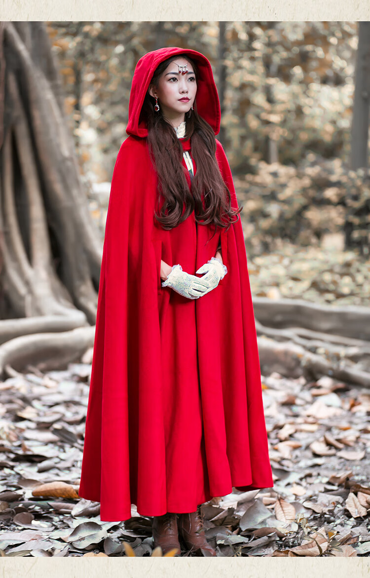 无心法师岳绮罗同款大红色斗篷毛呢大衣女外套小红帽披风秋冬 红色
