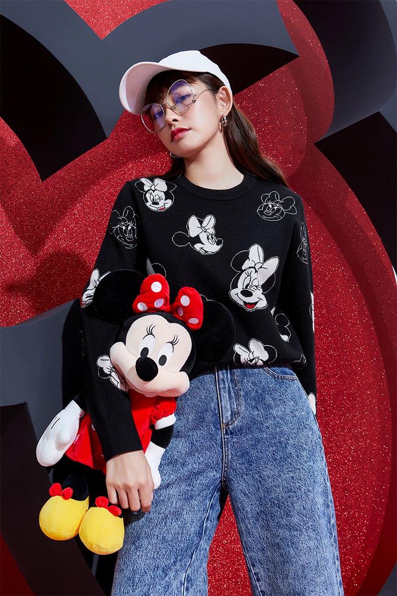 fiveplus2021秋冬新款女装迪士尼联名米妮图案针织衫女宽松毛衫绿色