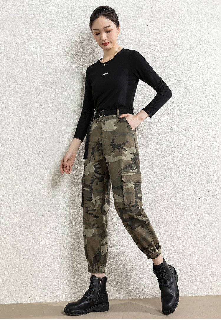 迷彩裤女束脚春秋季帅气哈伦女裤新款裤子直筒宽松九分工装裤rasekon