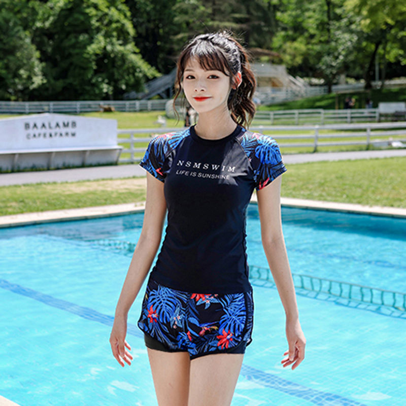 泳衣女游泳衣女保守分体遮肚学生裙式平角裤少女二件套运动温泉黑色