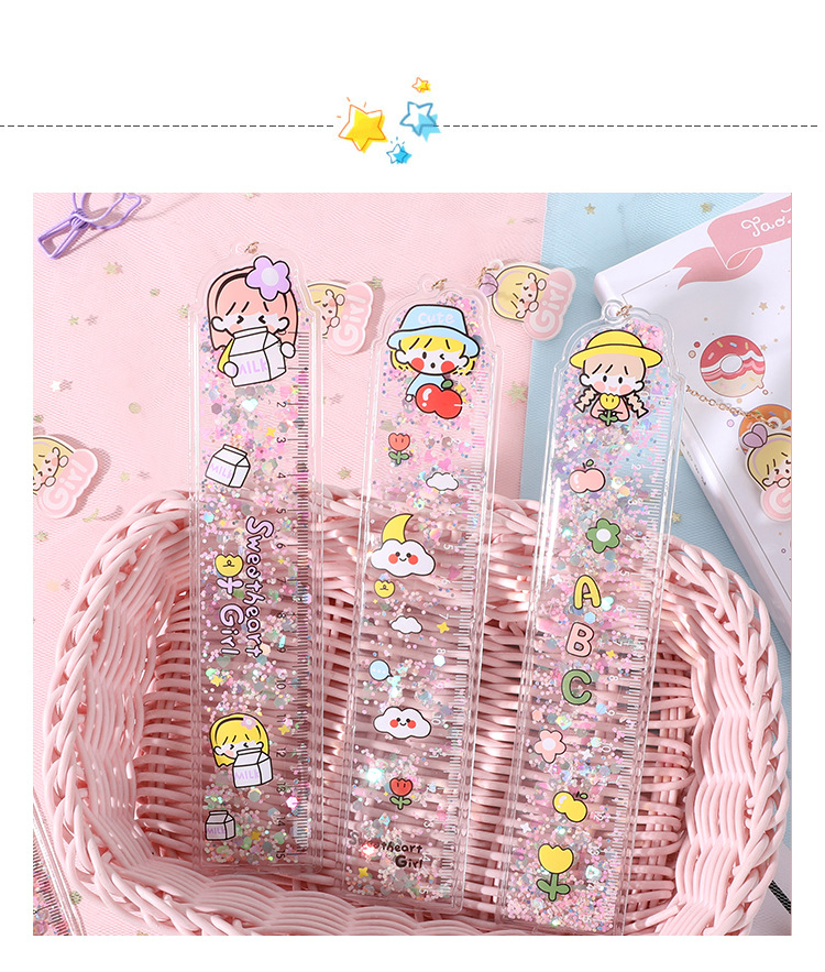 十二星座卡通创意入油流沙尺子可爱少女心绘画尺子学生文具吊坠书签