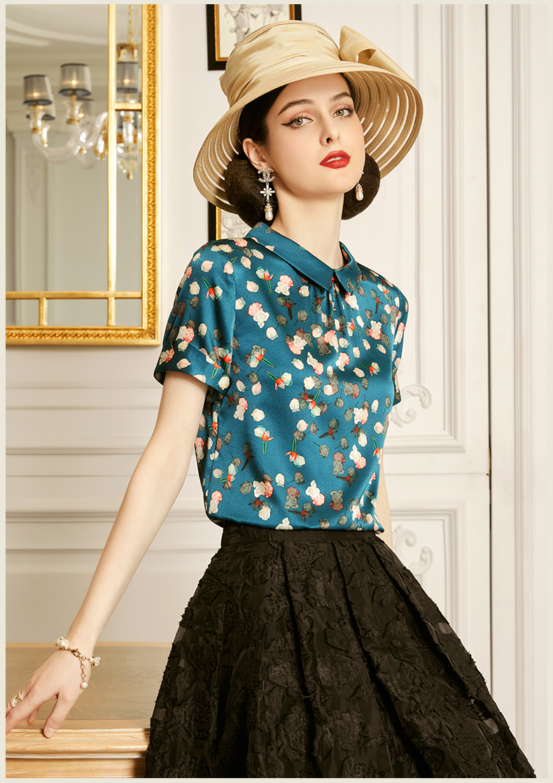 mornymoss品牌真丝衬衫女2022夏季新款时尚显瘦短袖桑蚕丝上衣碎花