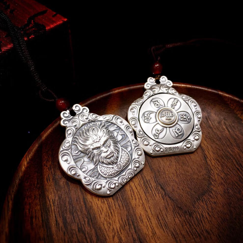 老凤凰s999足银齐天大圣孙悟空平安符吊坠男女款美猴王项链实心挂件