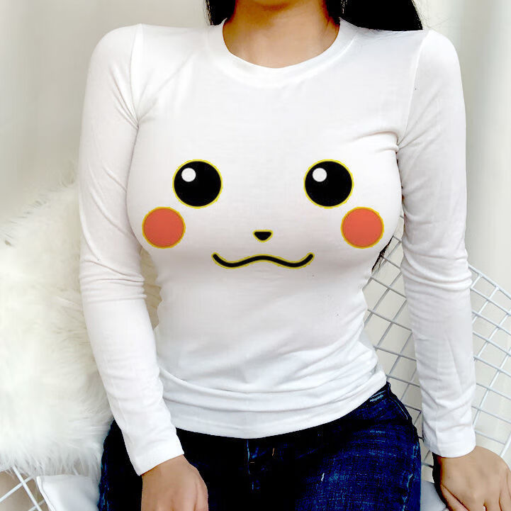 可爱显胸大奶装3d大眼睛春秋季t恤女主弹性紧身上衣服2021海绵s