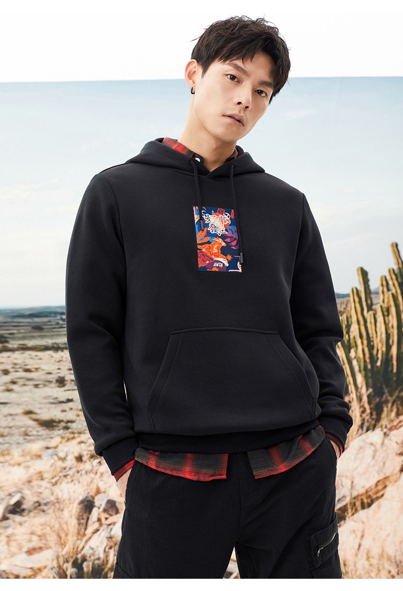 安踏陈飞宇同款连帽卫衣男装年2021年休闲运动上衣男 基础黑 l/175