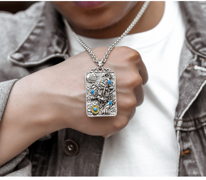 简奢唯爱男士项链925银貔貅吊坠男款实心貔貅银牌项链挂坠招财护身本