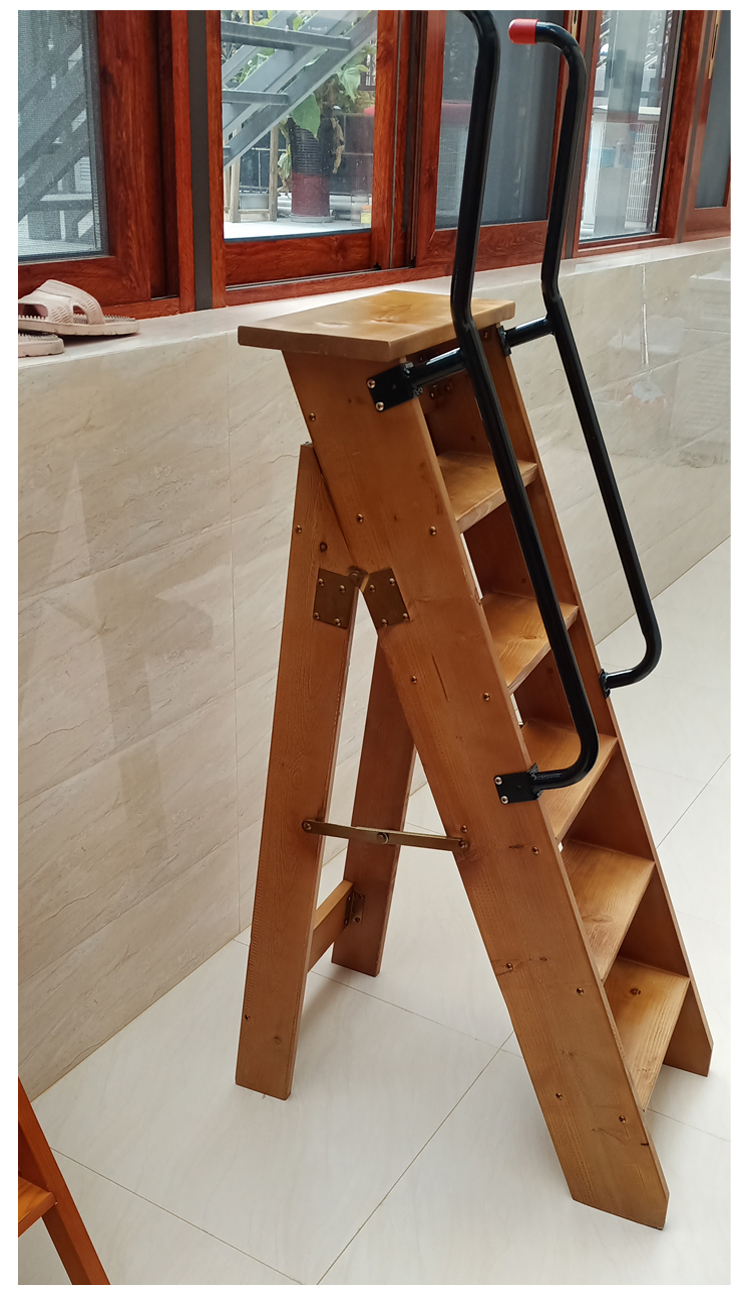 实木家用人字梯加厚移动梯子单侧木梯折叠梯五踏步室内阁楼楼梯清漆色