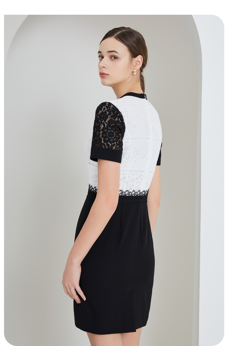 scofield女装春款优雅气质蕾丝拼色修身连衣裙裙子通勤甜美优雅黑色