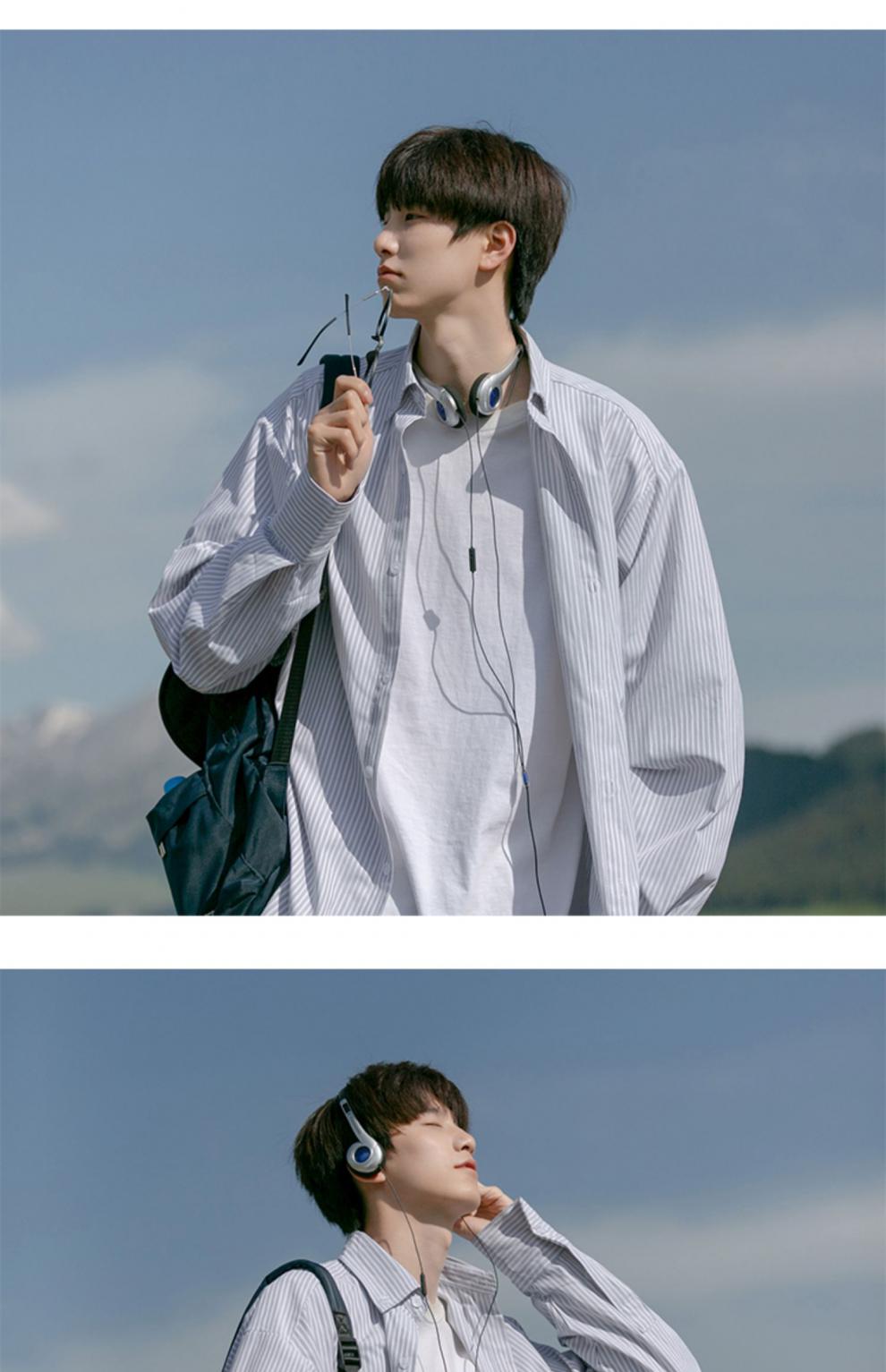 sijian雅痞cityboy廓形衬衫男长袖病号服少年感蓝白条纹衬衣 蓝色 l