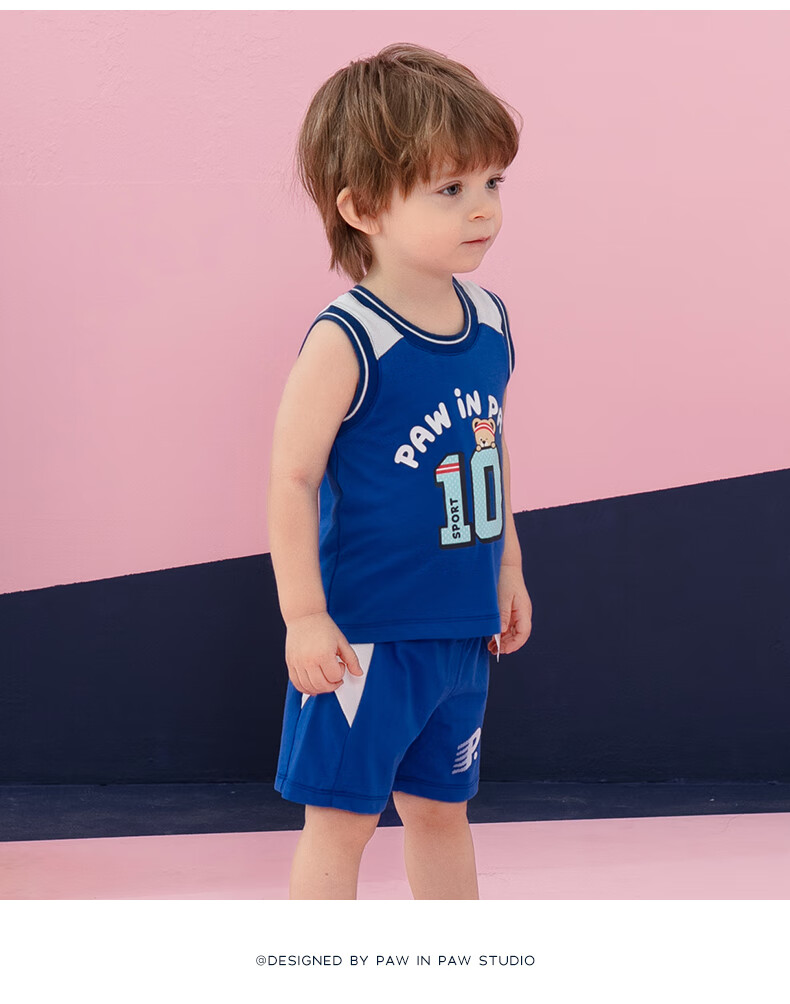 pawinpawbaby卡通小熊童装男宝宝运动风套装背心短裤字母街头blue蓝色