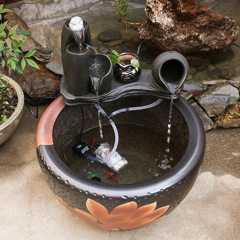 瓷小奴大型陶瓷养鱼缸水缸创意阳台庭院水循环鱼缸造景轮客厅摆件江南