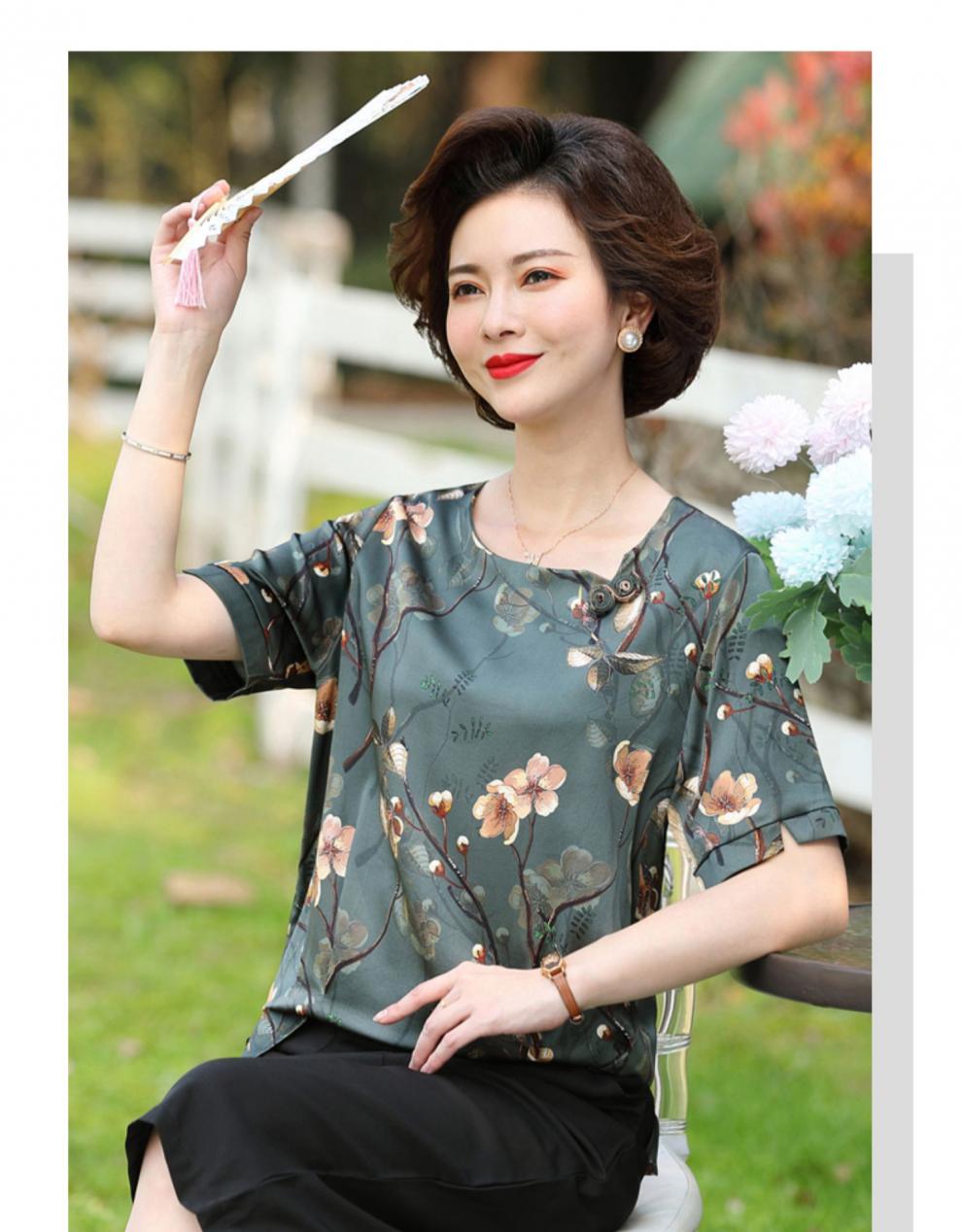 [中老年装]高端轻奢妈妈洋气套装上衣中年宽松大码夏装桑短袖中老年两