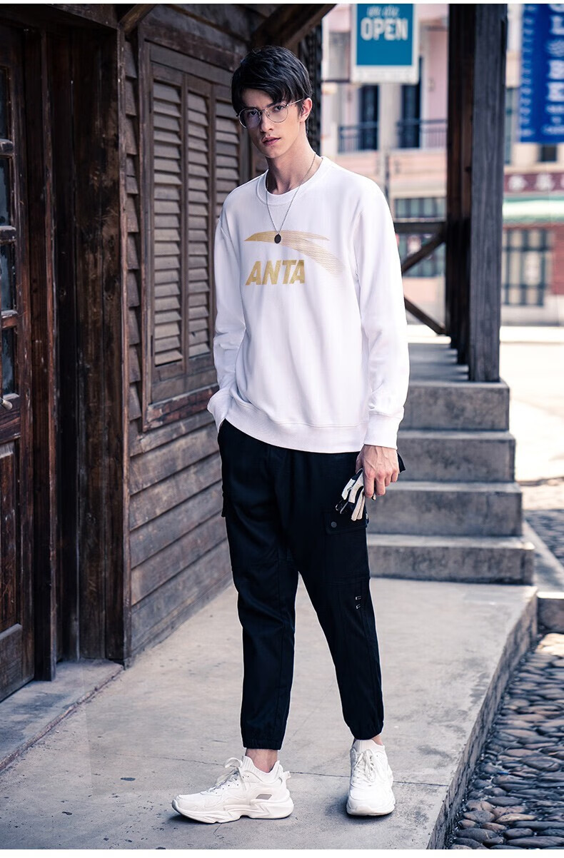 安踏(anta) 加绒卫衣男装冬季透气保暖圆领针织套头衫国潮印花长袖t恤