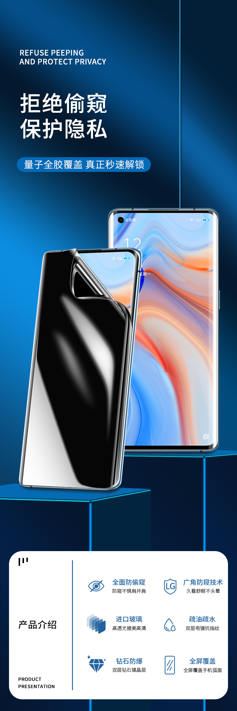 炫夙opporeno4pro钢化水凝膜reno4防窥膜reon4se全屏oppo手机膜防窥