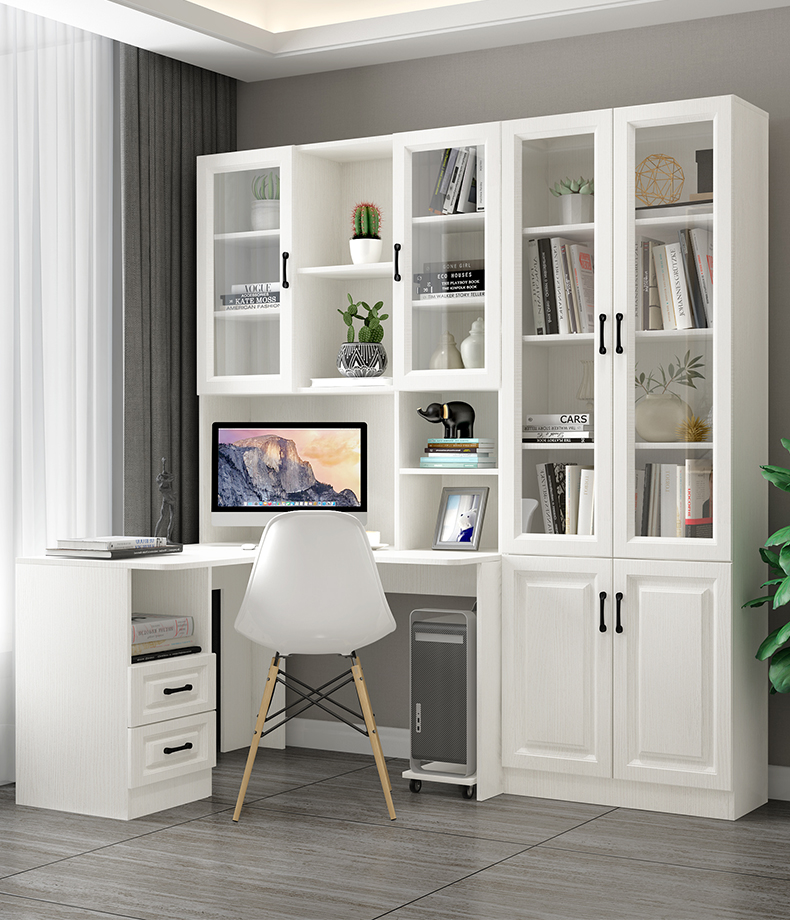欧木凯 台式电脑桌转角实木书桌书柜组合家用简约书桌书架一体写字台