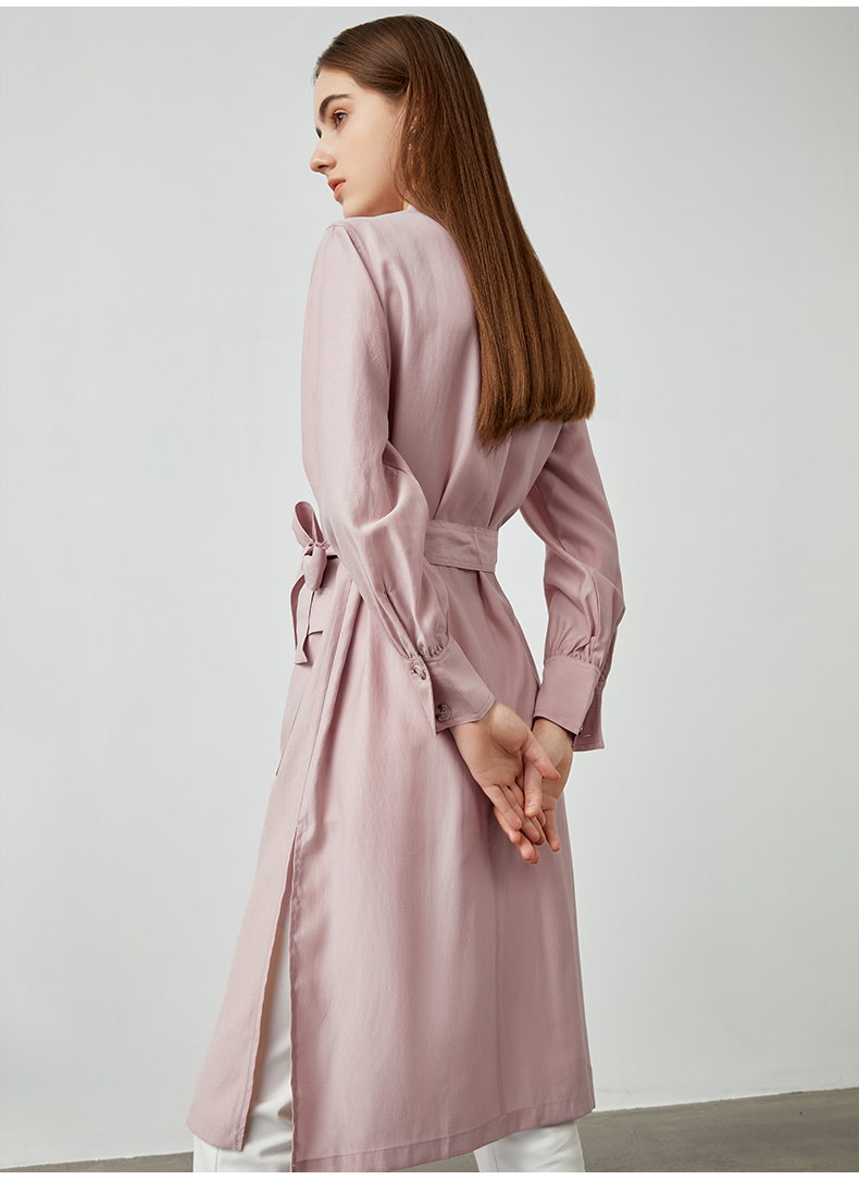 雅诗春秋新款职业风修身收腰衬衫外套中长款工装式薄风衣00221036粉色